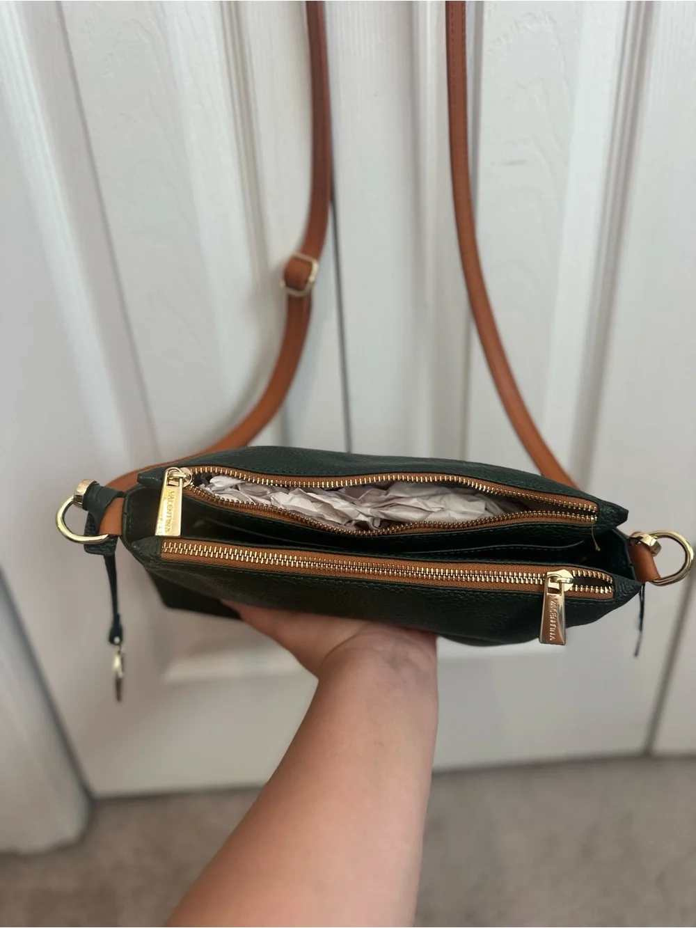 NWOT Authentic Genuine Leather Valentina Dark Green Leather Crossbody Bag